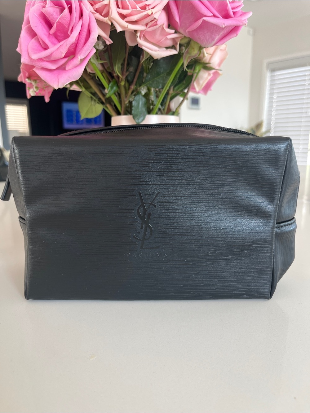YSL Black Textured faux Leather Toiletry Bag